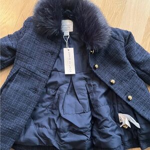 Janie and Jack Navy Kids Coat with Faux Fur Collar